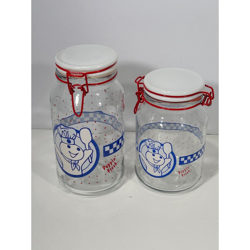 Vintage Pillsbury Poppin Fresh Doughboy Glass Canister Set Red White Blue 2pc